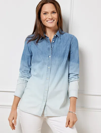 Talbots Plus Size - Denim Button Front Shirt - Dip Dye - Blue/white Ombre - 1x  In Blue,white Ombre