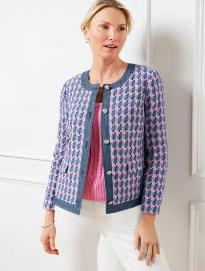 Talbots Misses - Denim Trim Basket Tweed Jacket - Blue/pink - 8  In Blue,pink