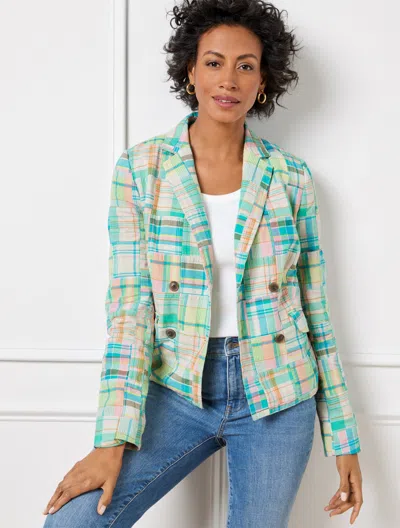 Talbots Double Breasted Madras Blazer - Green - 14 - 100% Cotton
