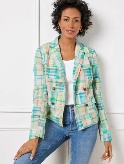 Talbots Petite - Double Breasted Madras Blazer - Green - 10 - 100% Cotton