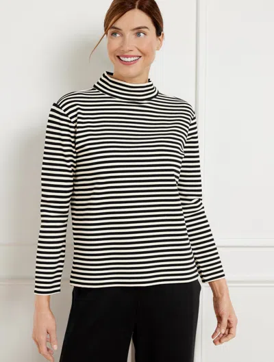 Talbots Plus Petite - Effortless Ultraknit Zip Back Mockneck Top - Black/ivory - 2x  In Black,ivory