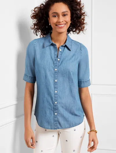 Talbots Plus Size - Elbow Sleeve Denim Button Front Shirt - Surf Blue Wash - X - 100% Cotton