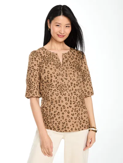 Talbots Elbow Sleeve Popover Shirt - Modern Leopard - Brown - Xs - 100% Cotton