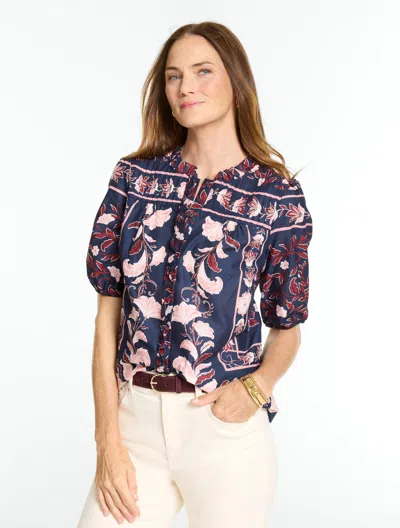 Talbots Elbow Sleeve Top - Enchanting Floral - Navy Blue - Xs - 100% Cotton