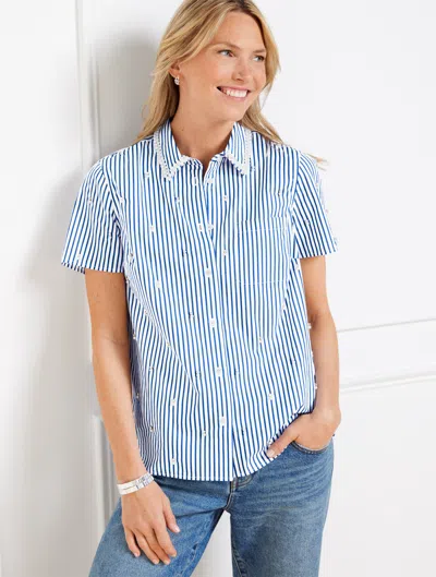 Talbots Petite - Embellished Short Shirt - Daffodil Stripe - Blue/white - 2xs - 100% Cotton  In Blue,white