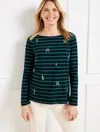 Talbots Plus Petite - Embroidered Bateau Neck T-shirt - Cocktail - Indigo/highland Green - 3x  In Indigo,highland Green