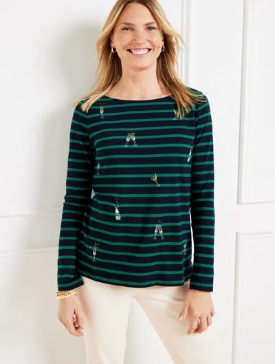 Talbots Plus Petite - Embroidered Bateau Neck T-shirt - Cocktail - Indigo/highland Green - 3x  In Indigo,highland Green