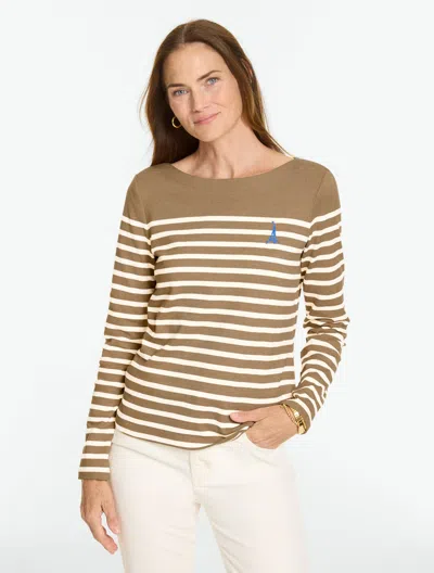 Talbots Embroidered Bateau Neck T-shirt - Paris Stripe - Soft Harvest Heather/ivor - Xs - 100% Cotton Talbot In Soft Harvest Heather,ivor