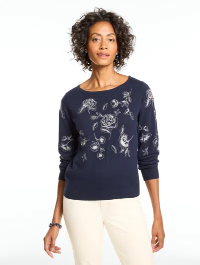Talbots Embroidered Boatneck Pullover Sweater - Metallic Roses - Blue - Xs