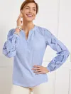 Talbots Petite - Embroidered Chambray Top - Blue/white - Small - 100% Cotton  In Blue,white