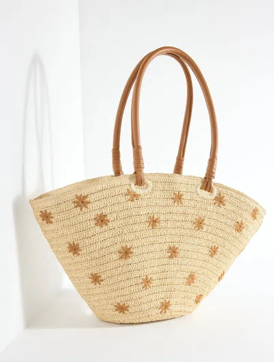 Talbots Embroidered Flare Straw Tote - Natural/havana Tan - 001