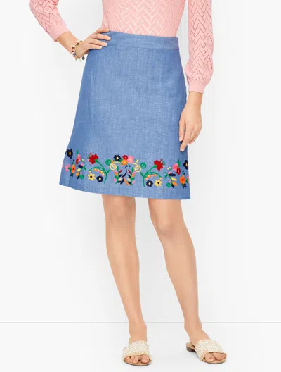Talbots Embroidered Linen A-line Skirt - Blue Chambray - 4