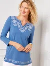 Talbots Petite - Embroidered Palms Tunic Top - Dutch Blue - Medium - 100% Cotton  In Dutch Blue