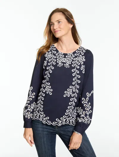 Talbots Embroidered Poplin Top - Blue - Xs - 100% Cotton