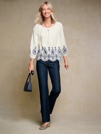 Talbots Embroidered Poplin Top - Medallion Border - Ivory - Xs - 100% Cotton
