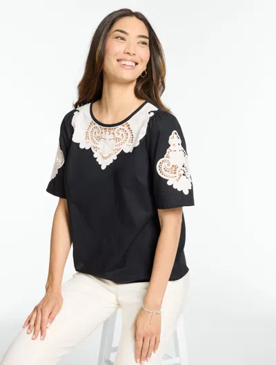 Talbots Embroidered Short Sleeve Poplin Top - Black - Xs - 100% Cotton