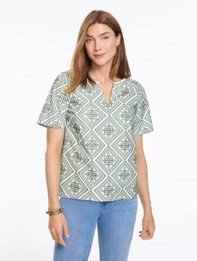 Talbots Embroidered Short Sleeve Top - Graphic Medallion - Pearl White/deep Forest - Xs - 100% Cotton Talbot In Multi