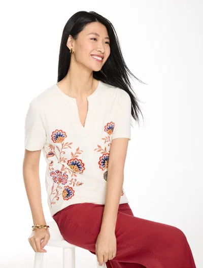Talbots Embroidered Short Sleeve Top - Pearl White - Xs - 100% Cotton
