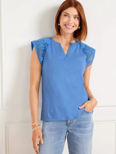 Talbots Embroidered Sleeve Split Neck T-shirt - Blue Iris - 2x
