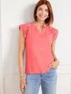 Talbots Embroidered Sleeve Split Neck T-shirt - Lovely Coral - 2x