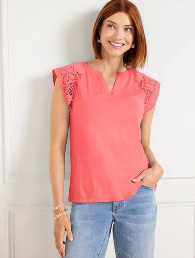 Talbots Embroidered Sleeve Split Neck T-shirt - Lovely Coral - 2x
