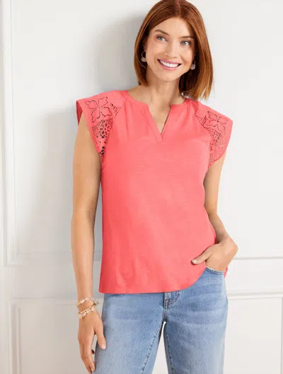 Talbots Embroidered Sleeve Split Neck T-shirt - Lovely Coral - 2x  In Lovely Coral