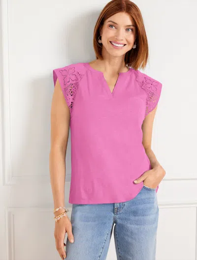Talbots Embroidered Sleeve Split Neck T-shirt - Mauve Berry - 2x