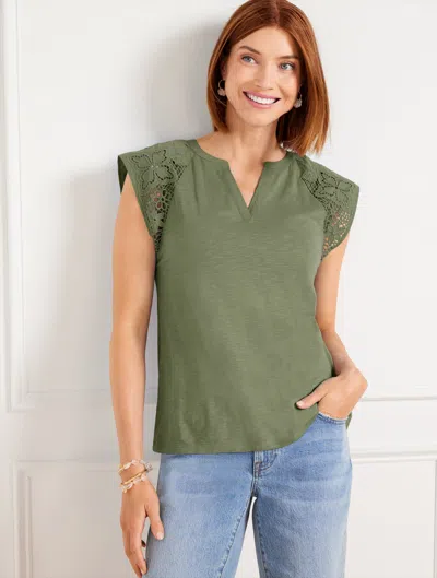 Talbots Embroidered Sleeve Split Neck T-shirt - Spring Moss - 3x