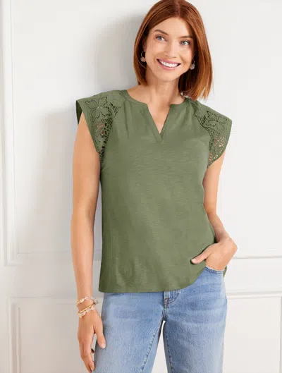 Talbots Embroidered Sleeve Split Neck T-shirt - Spring Moss - 3x  In Spring Moss