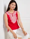 Talbots Misses - Embroidered Split Neck Sleeveless Shell Top - Bright Apple - Large - 100% Cotton  In Bright Apple