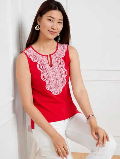 Talbots Misses - Embroidered Split Neck Sleeveless Shell Top - Bright Apple - Large - 100% Cotton