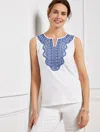 Talbots Misses - Embroidered Split Neck Sleeveless Shell Top - White - Xl - 100% Cotton
