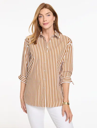 Talbots Everyday Relaxed Shirt - Dawn Stripe - Caramel Cream/white - Xs - 100% Cotton  In Pink