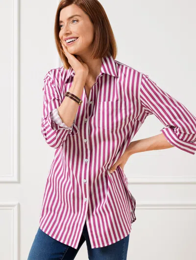 Talbots Petite - Extended Shoulder Boyfriend Shirt - Bold Stripe - White/plumrose - Large  In White,plumrose