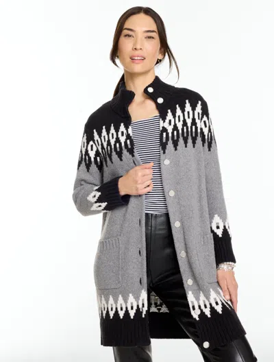 Talbots Fair Isle Mockneck Cardigan Sweater - Black - Xs  In Gray