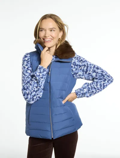 Talbots Faux Fur Collar Puffer Vest - Titan - Xs  In Blue