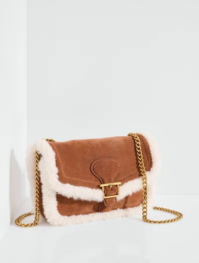 Talbots Faux Shearling Trim Suede Crossbody Bag - Cognac - 001