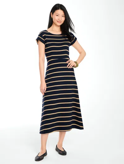 Talbots Fit & Flare Dress - Desert Stripe - Indigo Blue/camel Beige - Xs  In Indigo Blue,camel Beige