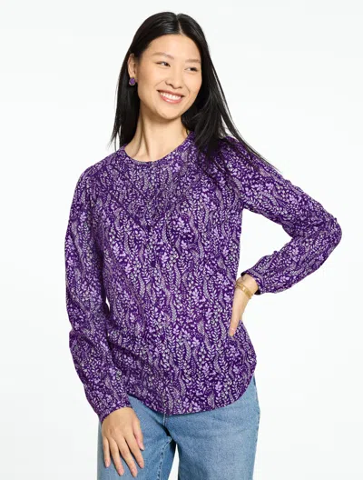 Talbots Foliage Fresco Band Collar Top - Bramble Purple - Xs