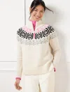 Talbots Misses - Half-zip Sweater - Wintery Geo Fair Isle - Ivory/stunning Pink - Large  In Ivory,stunning Pink