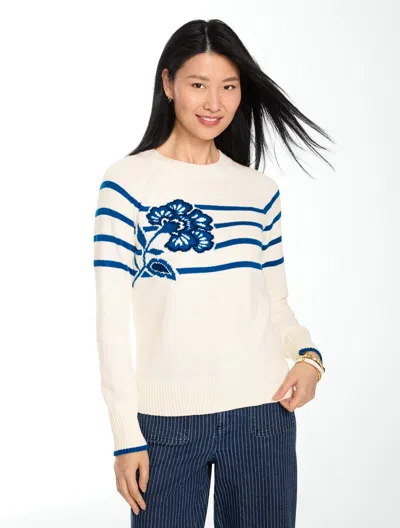 Talbots Intarsia Crewneck Sweater - Flower Stripe - Monarch Blue - Xs  In Neutral