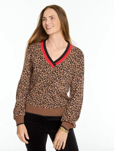 Talbots Jacquard V-neck Pullover Sweater - Tipped Leopard - Jasper Heather/bright App - Xs  In Jasper Heather,bright App