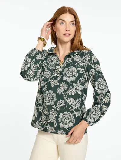 Talbots Jardin Embroidered Ruffle Popover Shirt Top - Spruce Green/ivory - Xs - 100% Cotton  In Spruce Green,ivory