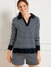 TALBOTS COTTON FRENCH TERRY JOHNNY COLLAR PULLOVER SWEATER - WANDER STRIPE - INDIGO/WHITE - 1X TALBOTS