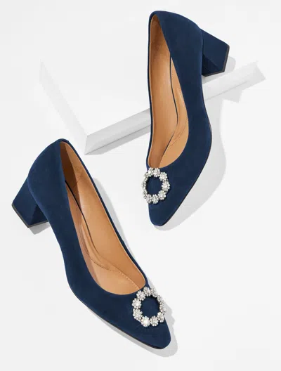 Talbots Kayla Embellished Suede Block Heel Pumps - Blue - 8 1/2 M  In Blue