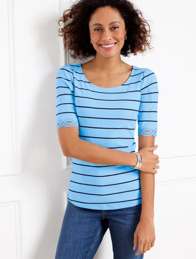 Talbots Plus Petite - Lace Trim Ballet Neck T-shirt - Stripe - Blue Hydrangea/black - 1x  In Blue Hydrangea,black