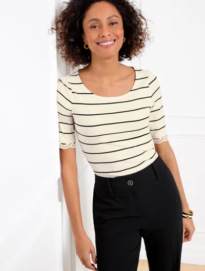 Talbots Plus Petite - Lace Trim Ballet Neck T-shirt - Stripe - Ivory/black - 2x  In Ivory,black