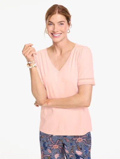 Talbots Lace Trim Short Sleeve Top - Pink Champagne - Xs