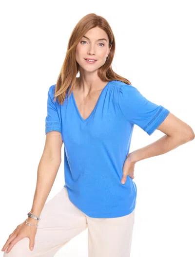 Talbots Lace Trim Short Sleeve Top - Wildflower Blue - Xs