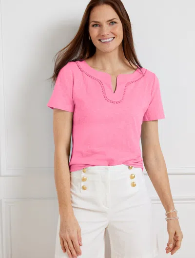 Talbots Dot Trim Split Neck T-shirt - Aurora Pink - X - 100% Cotton
